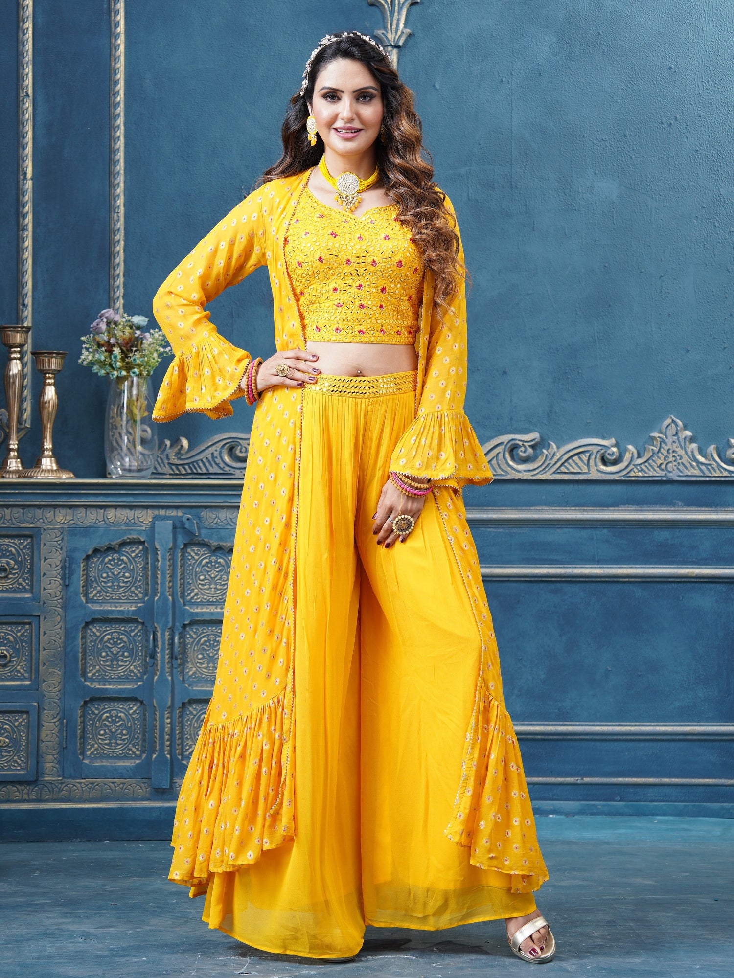 Himani Crop Top Palazzo Suit With Jacket - Roop Darshan