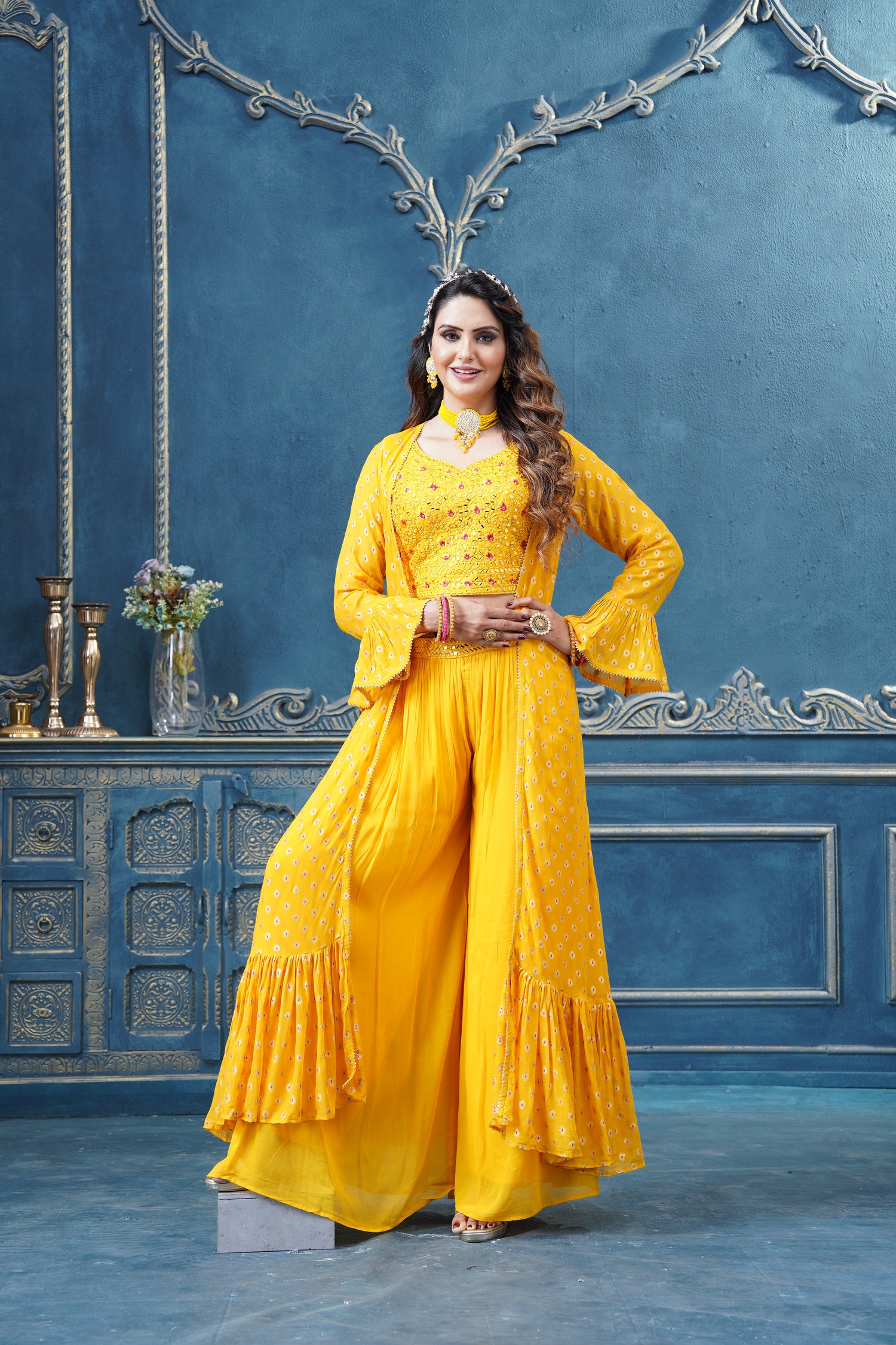 Himani Crop Top Palazzo Suit With Jacket - Roop Darshan