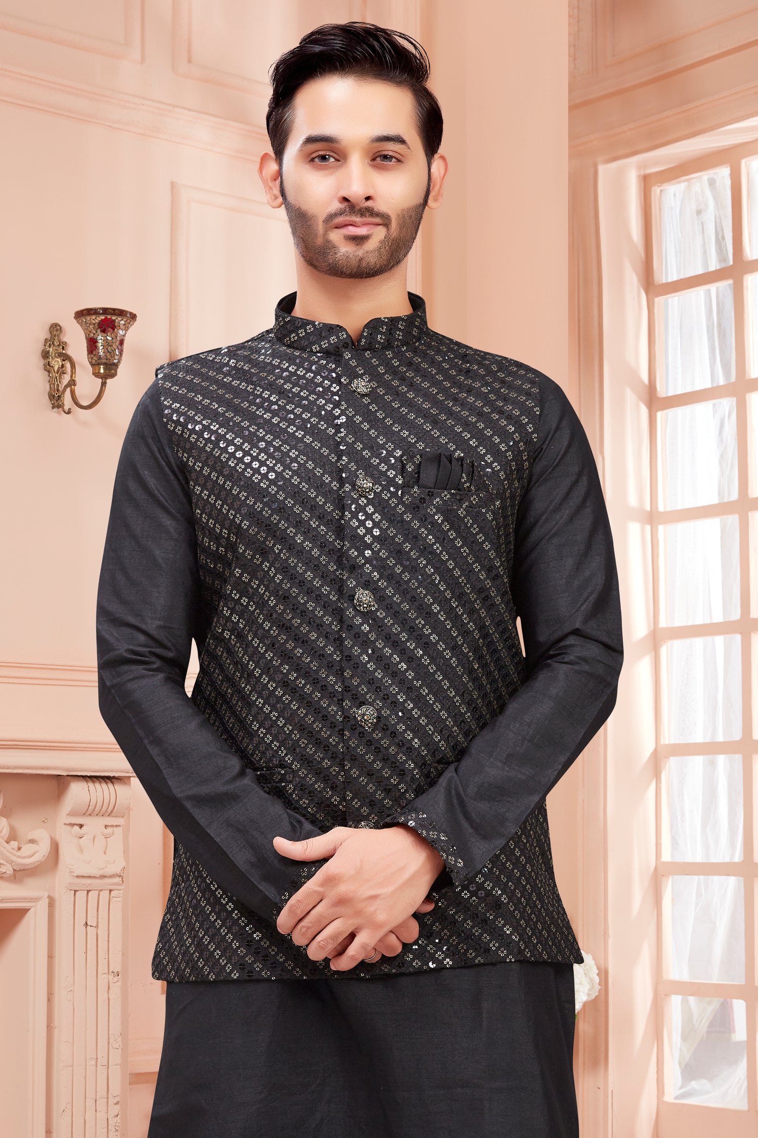 Mens Kurta Set With Tiki Embroidered Jacket