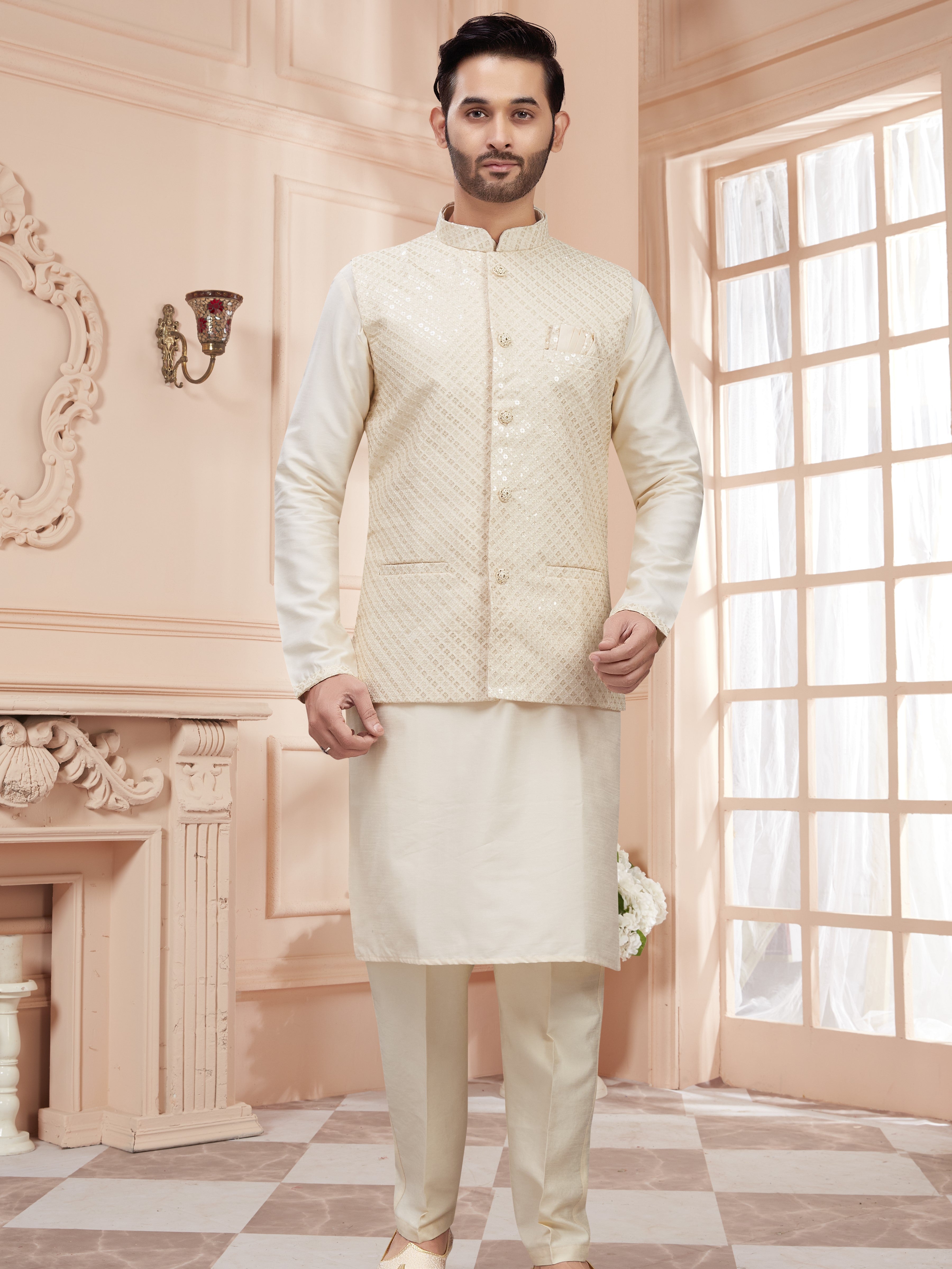 Mens Kurta Set With Tiki Embroidered Jacket