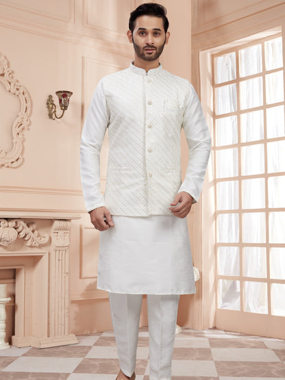 Mens Kurta Set With Tiki Embroidered Jacket