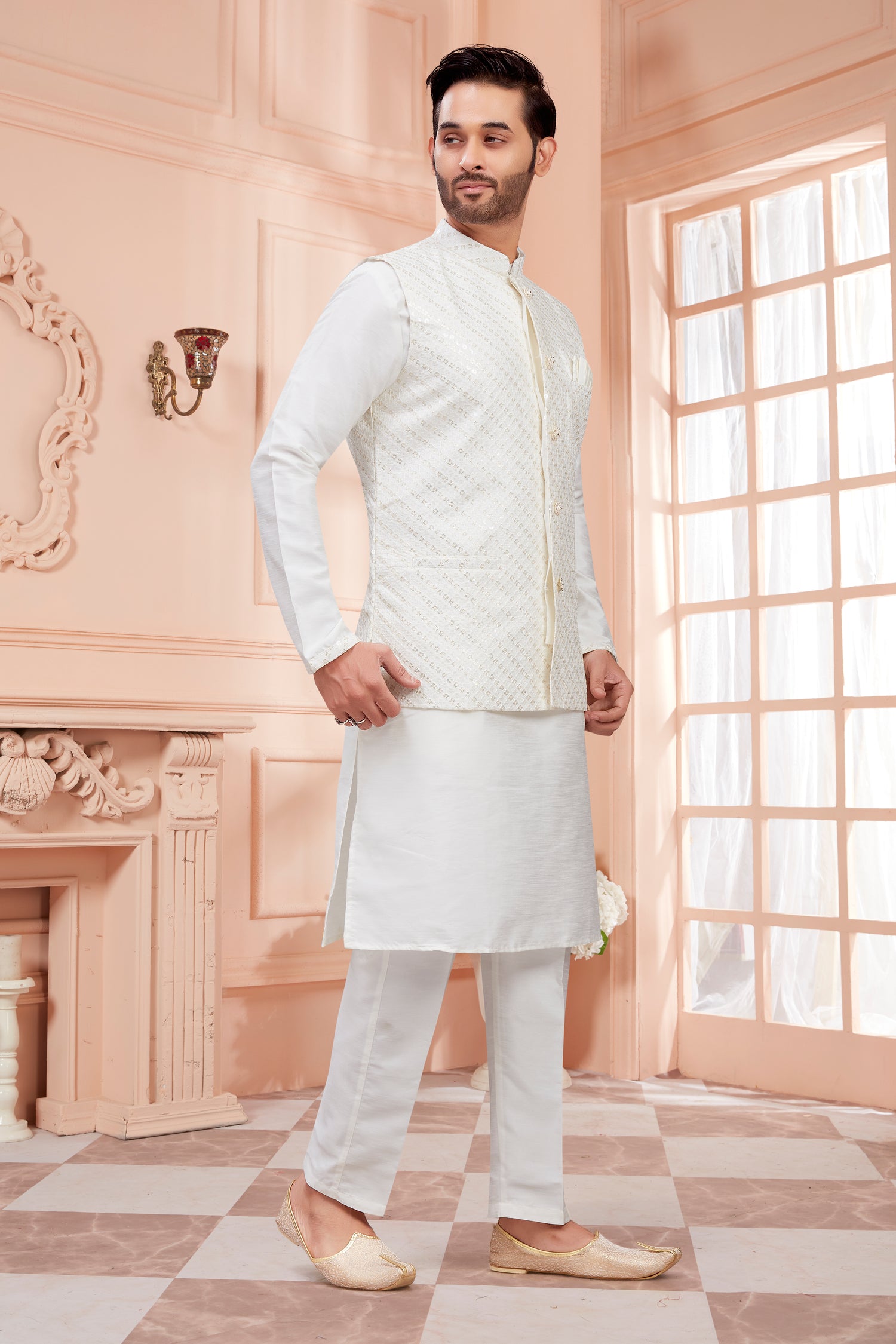 Mens Kurta Set With Tiki Embroidered Jacket