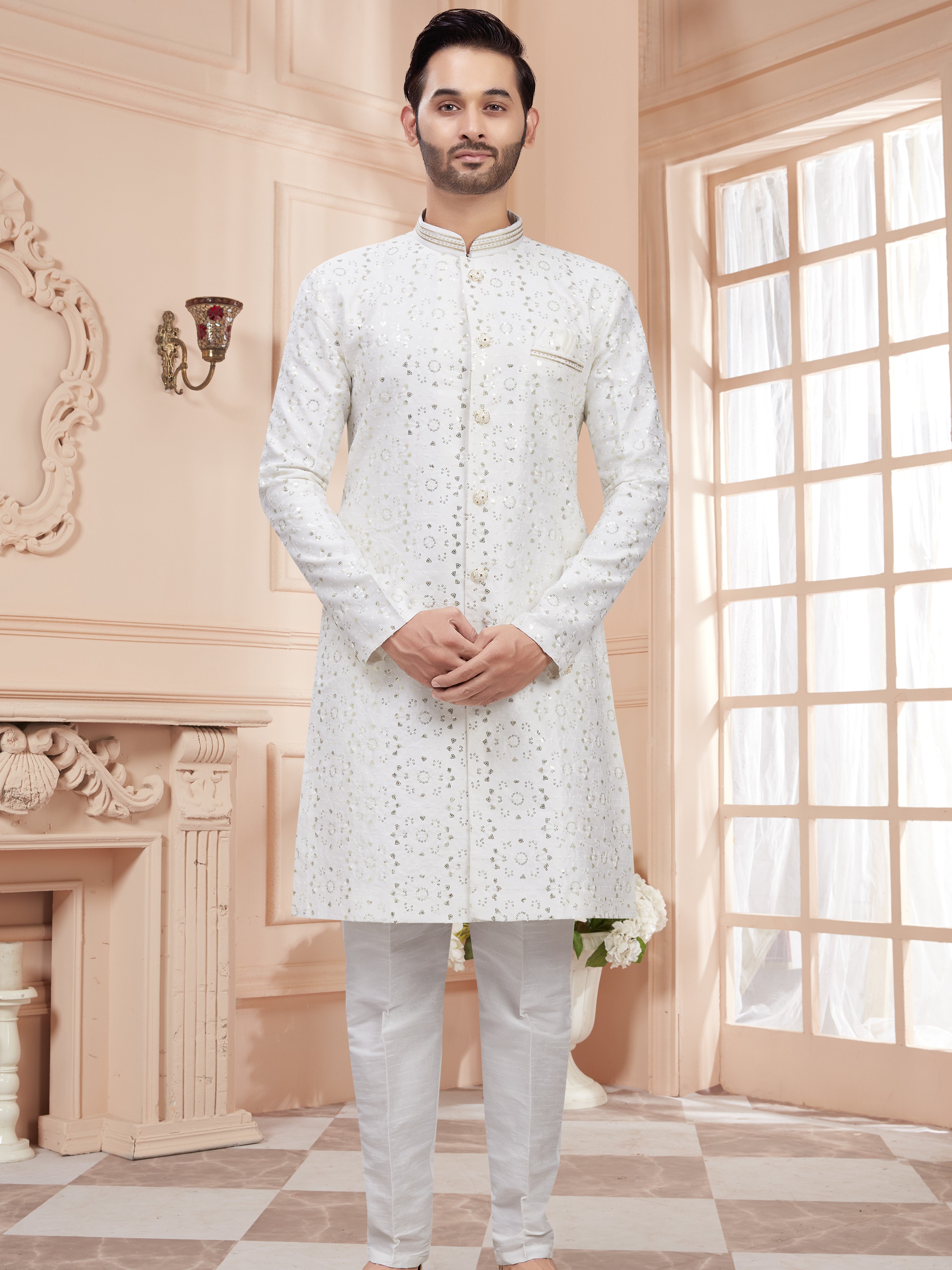 Mens Sequin Embroidered Work Kurta Set