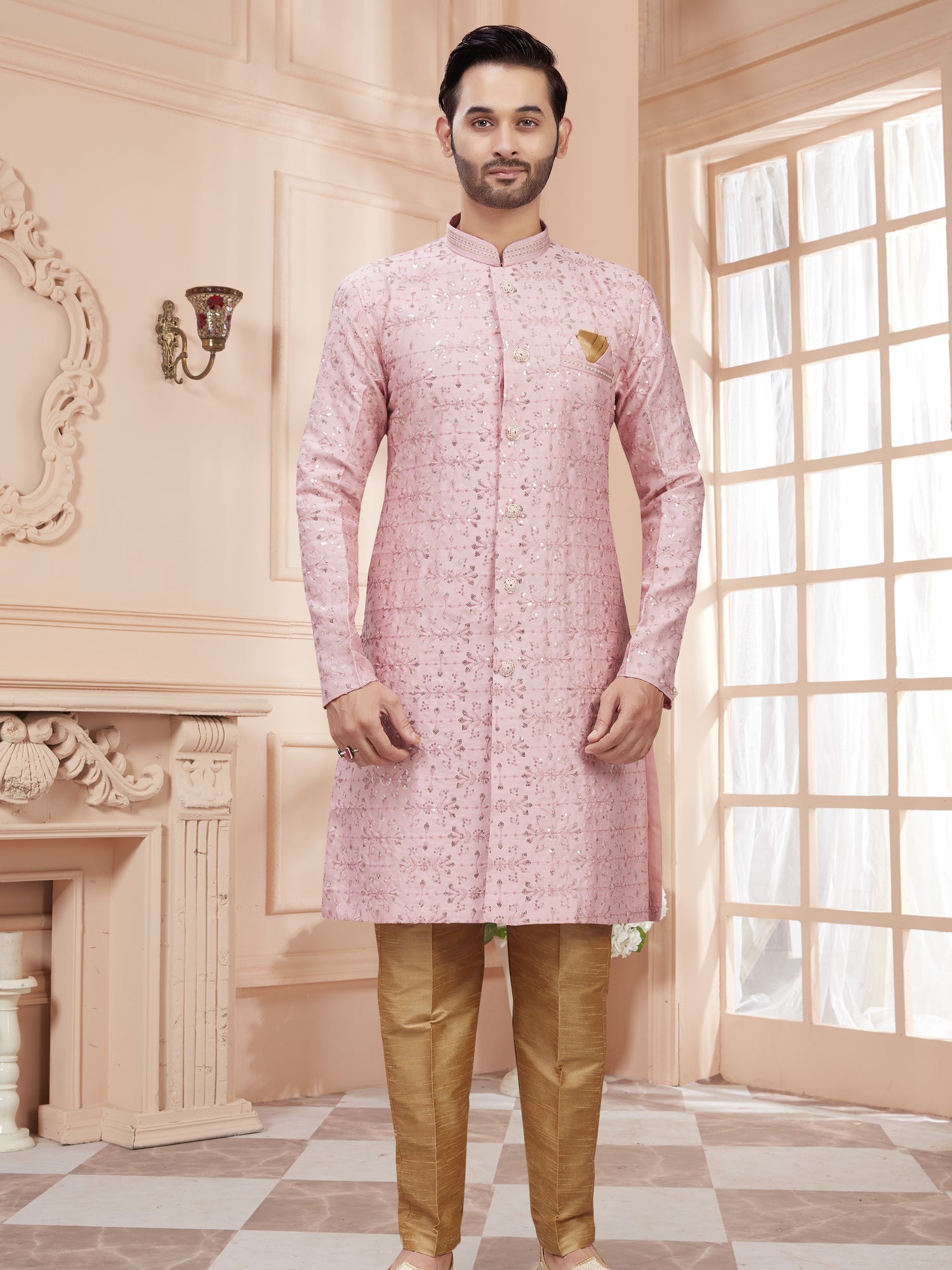 Mens Sequin Embroidered Work Kurta Set