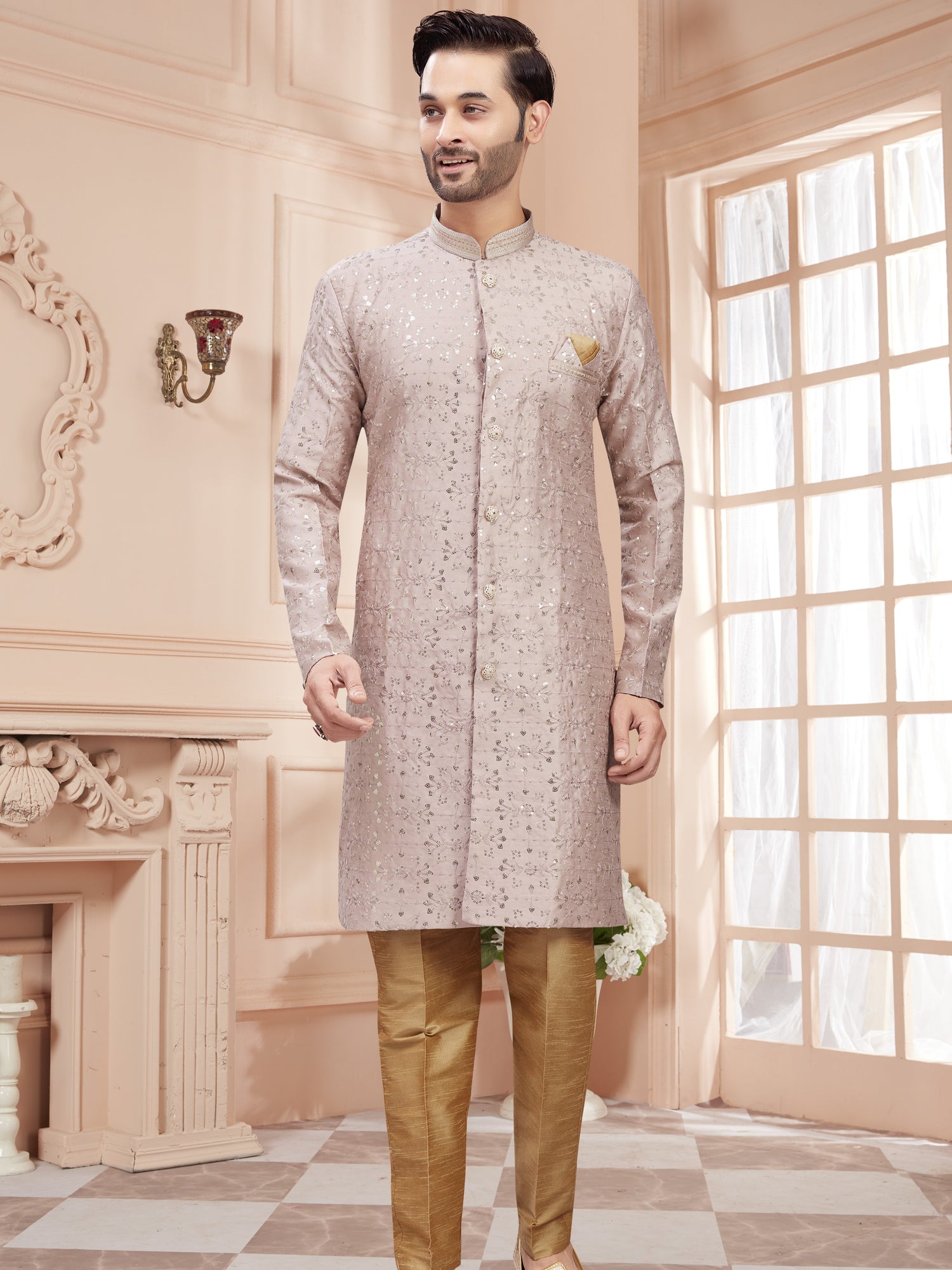 Mens Sequin Embroidered Work Kurta Set