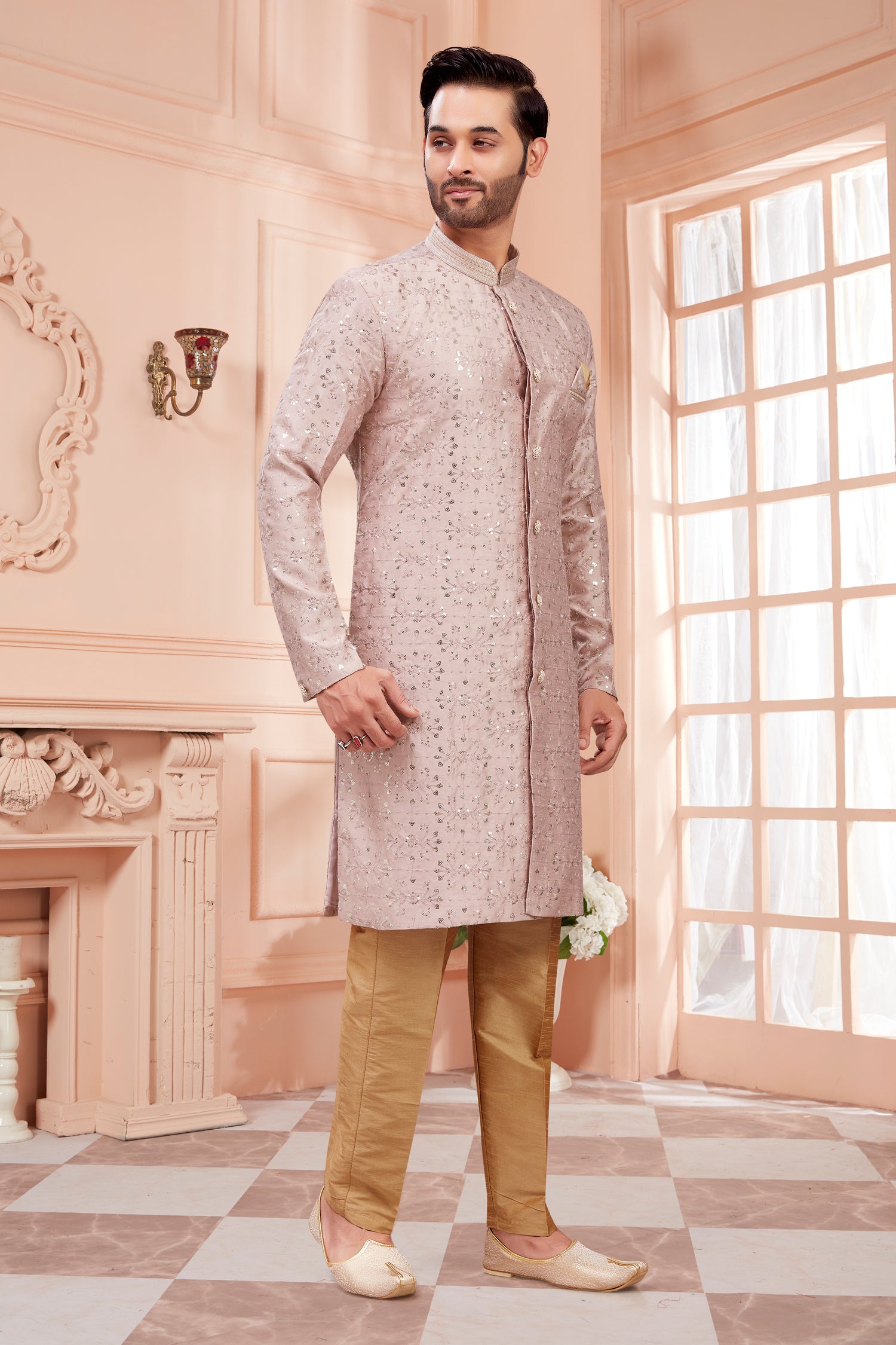 Mens Sequin Embroidered Work Kurta Set