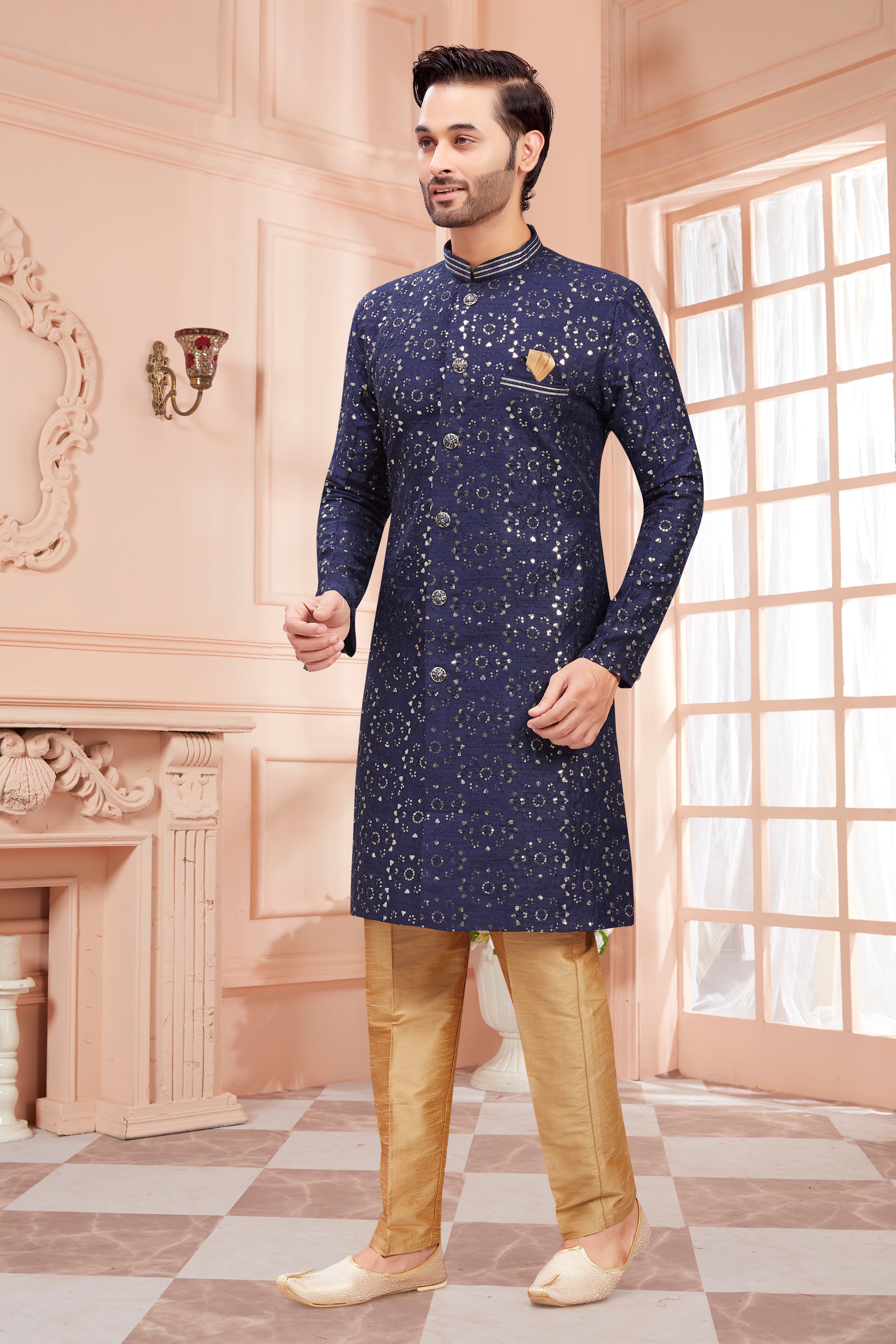 Mens Sequin Embroidered Work Kurta Set