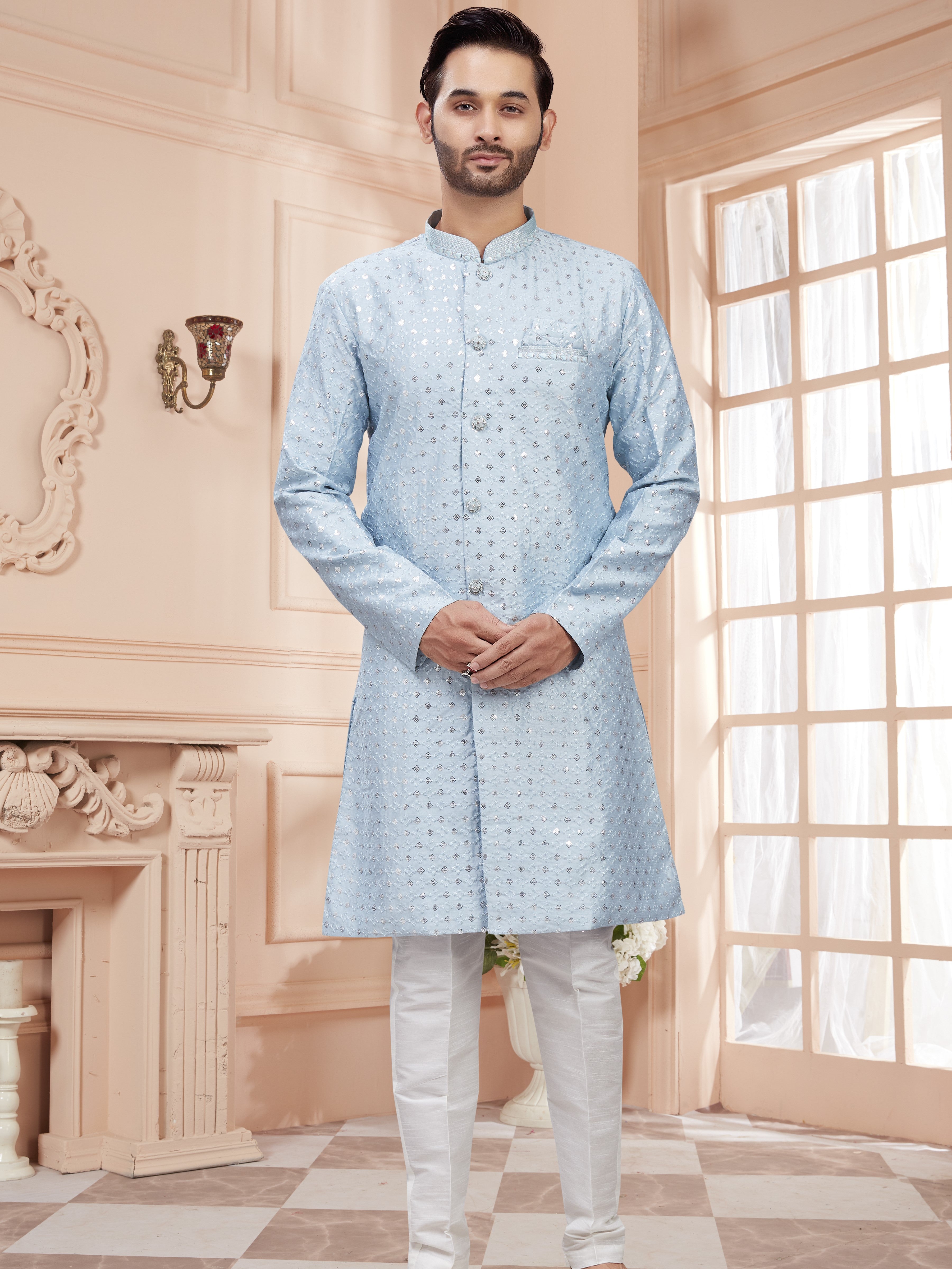 Mens Silver Sequin Embroidered Work Kurta Set