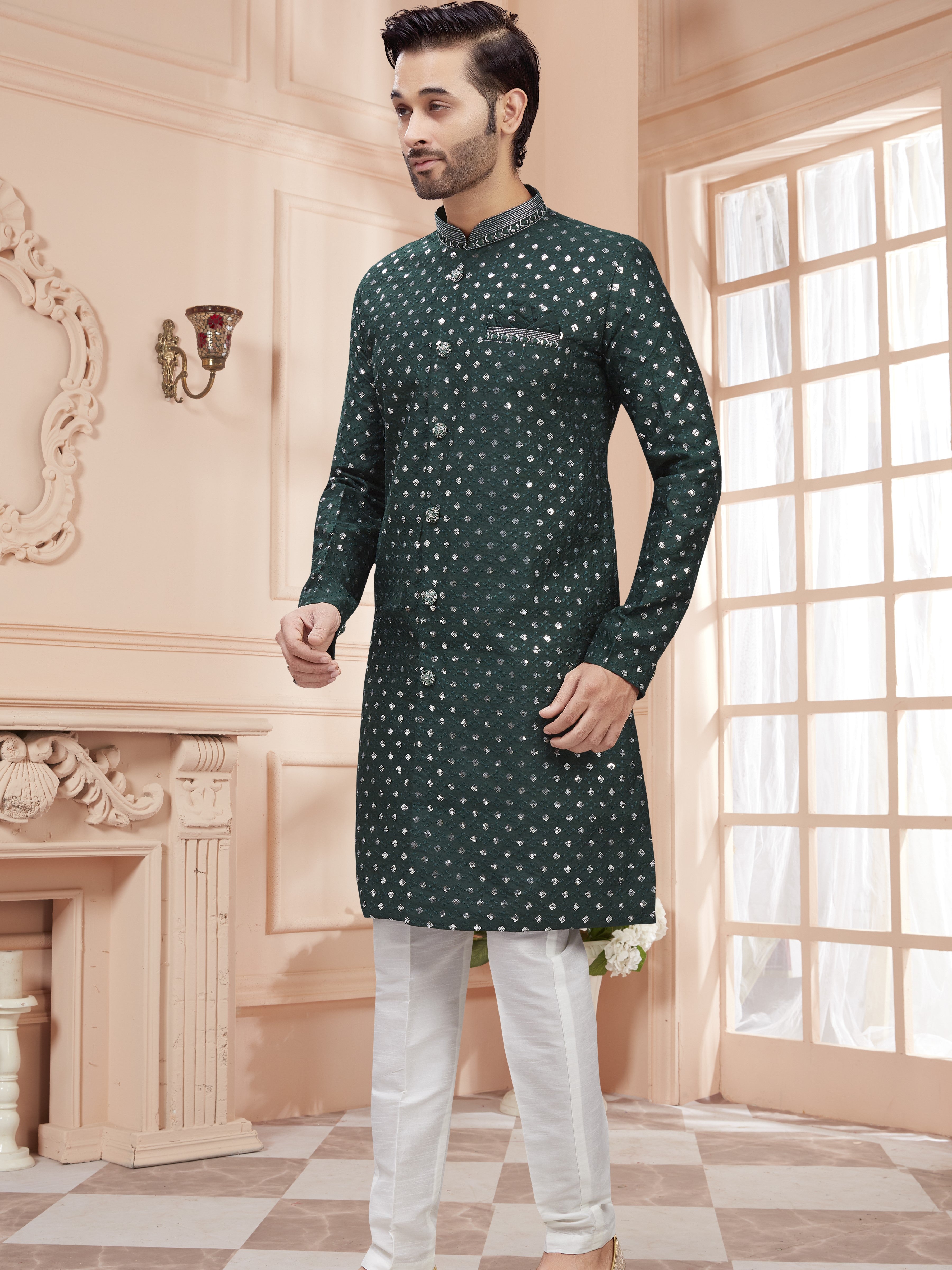 Mens Silver Sequin Embroidered Work Kurta Set