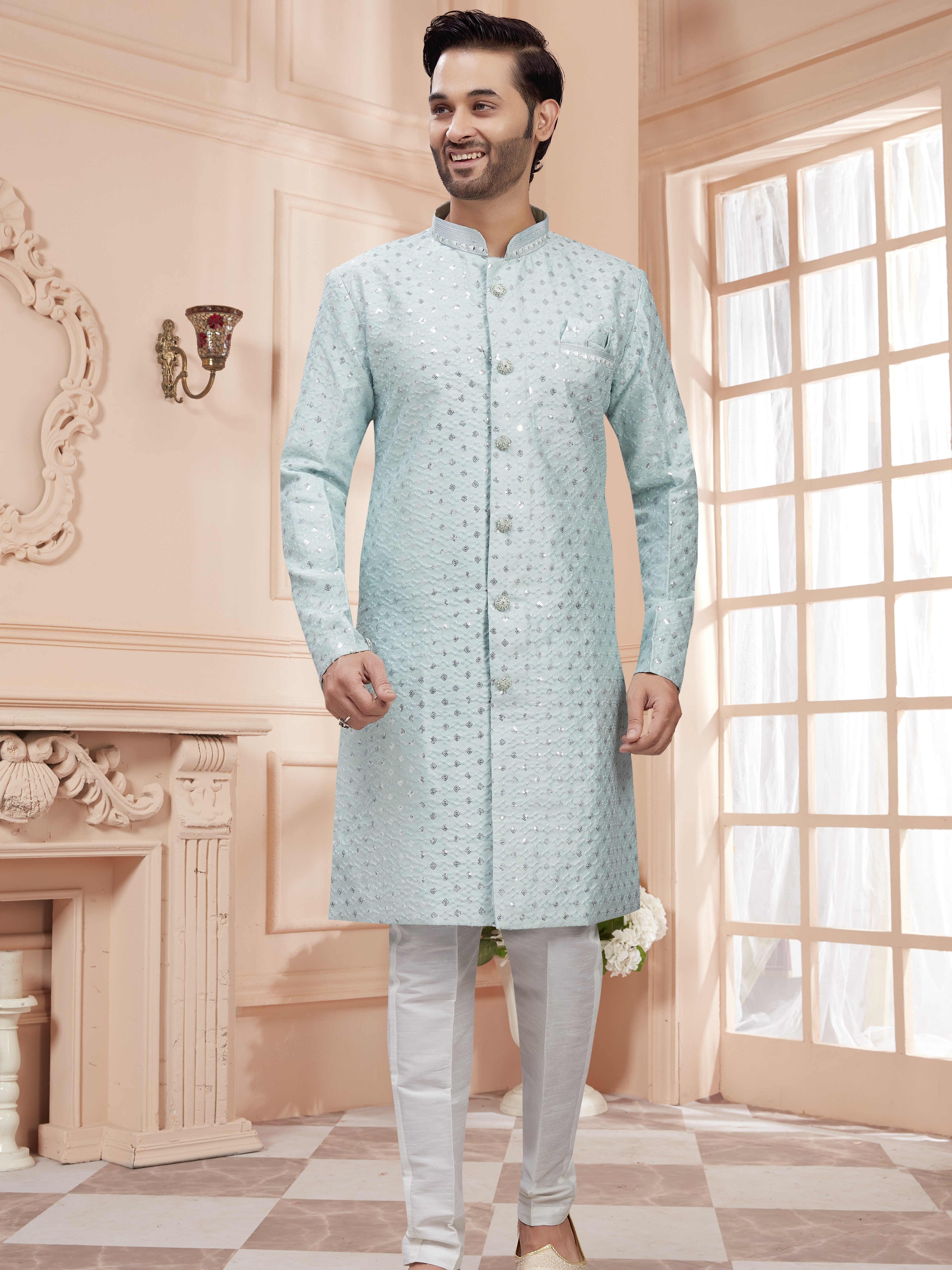 Mens Silver Sequin Embroidered Work Kurta Set