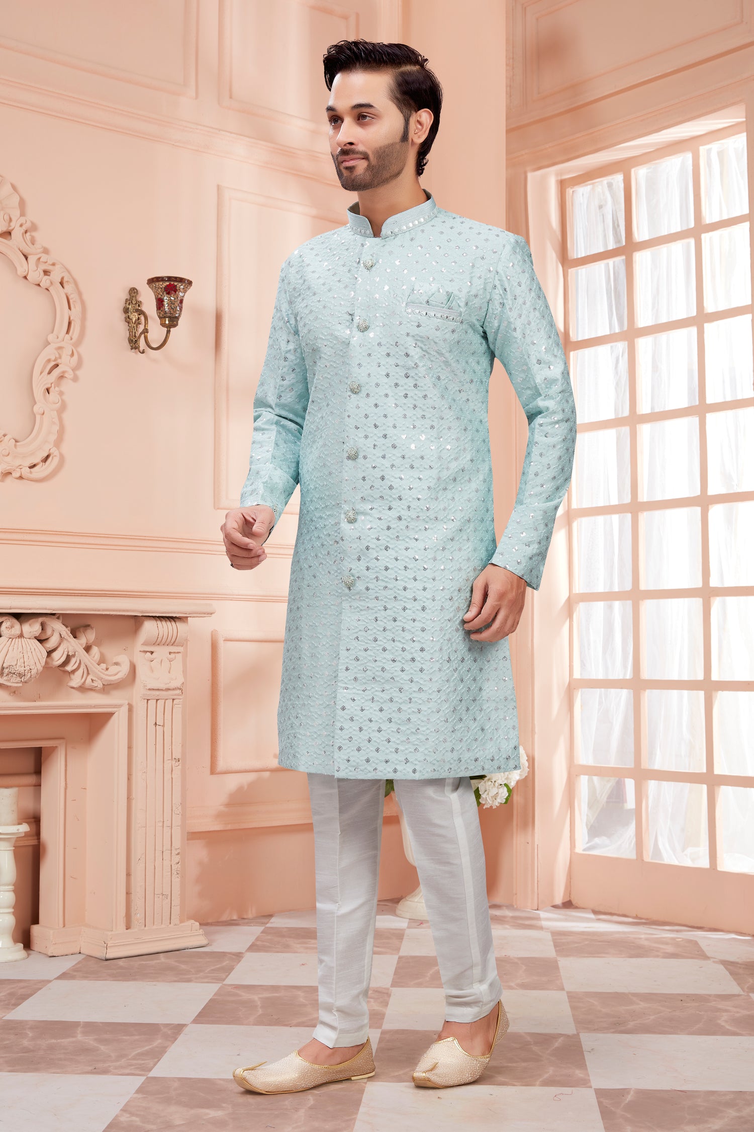 Mens Silver Sequin Embroidered Work Kurta Set