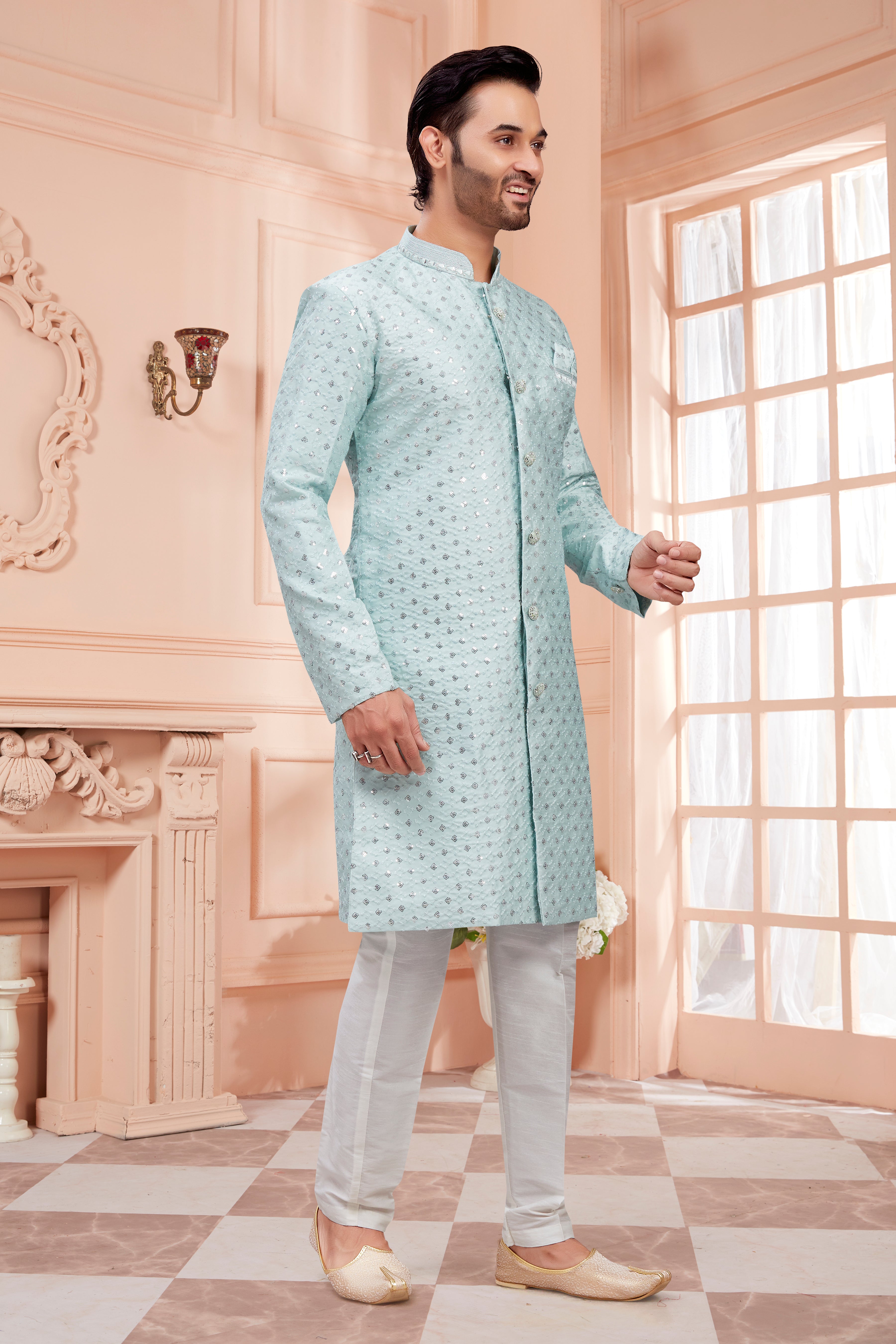 Mens Silver Sequin Embroidered Work Kurta Set