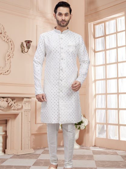 Mens Silver Sequin Embroidered Work Kurta Set