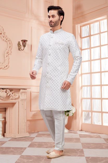 Mens Silver Sequin Embroidered Work Kurta Set