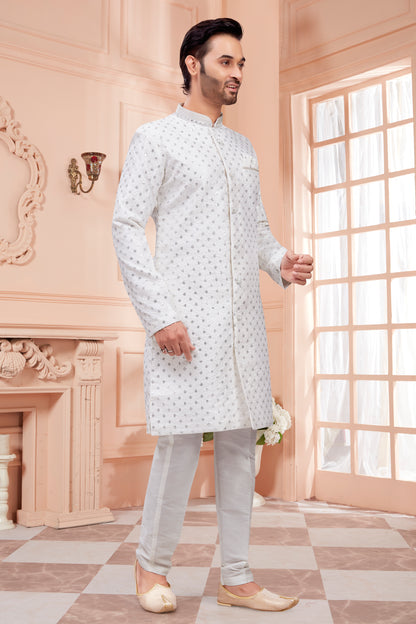 Mens Silver Sequin Embroidered Work Kurta Set