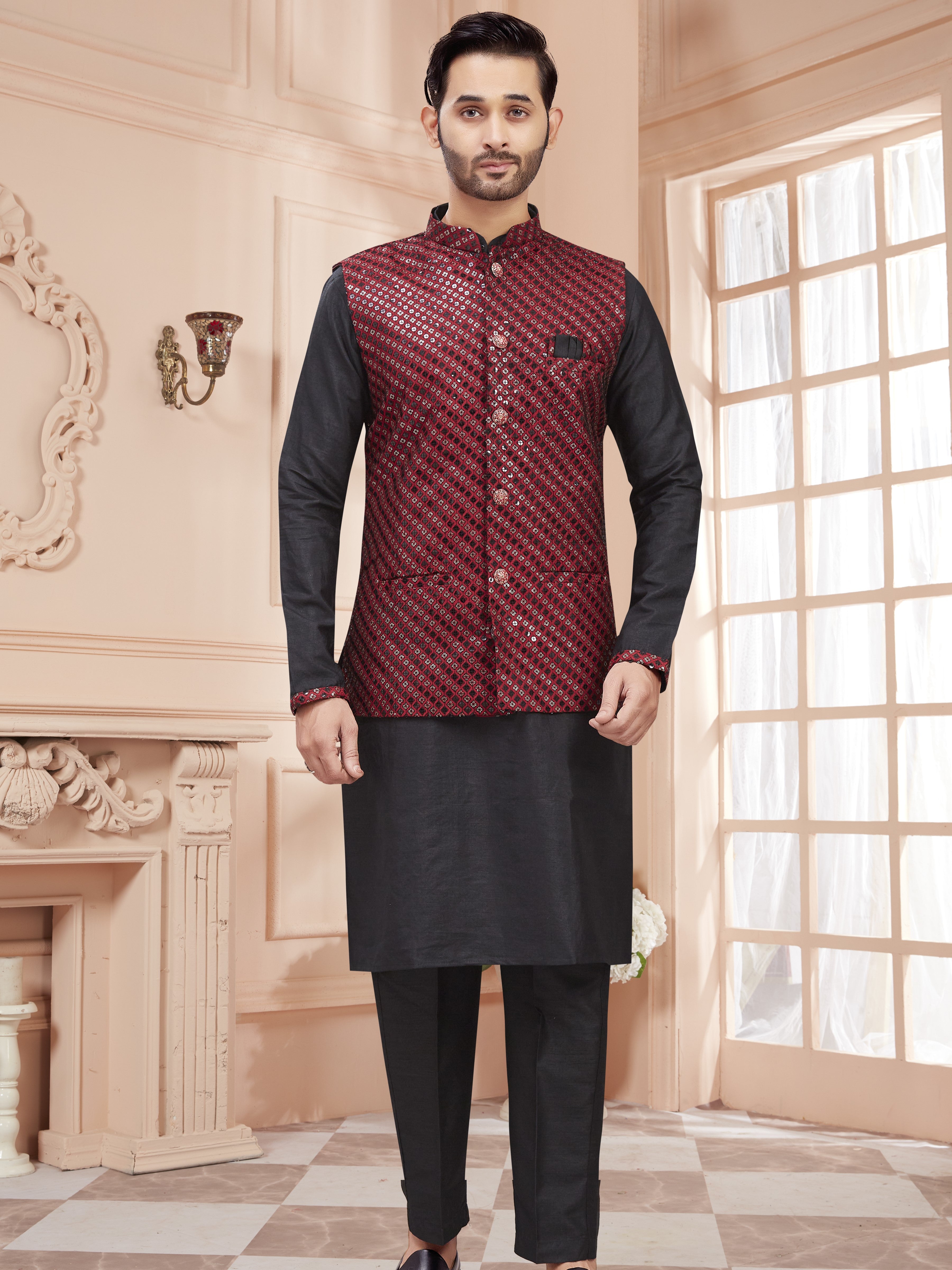 Mens Kurta Set With Tiki Embroidered Jacket