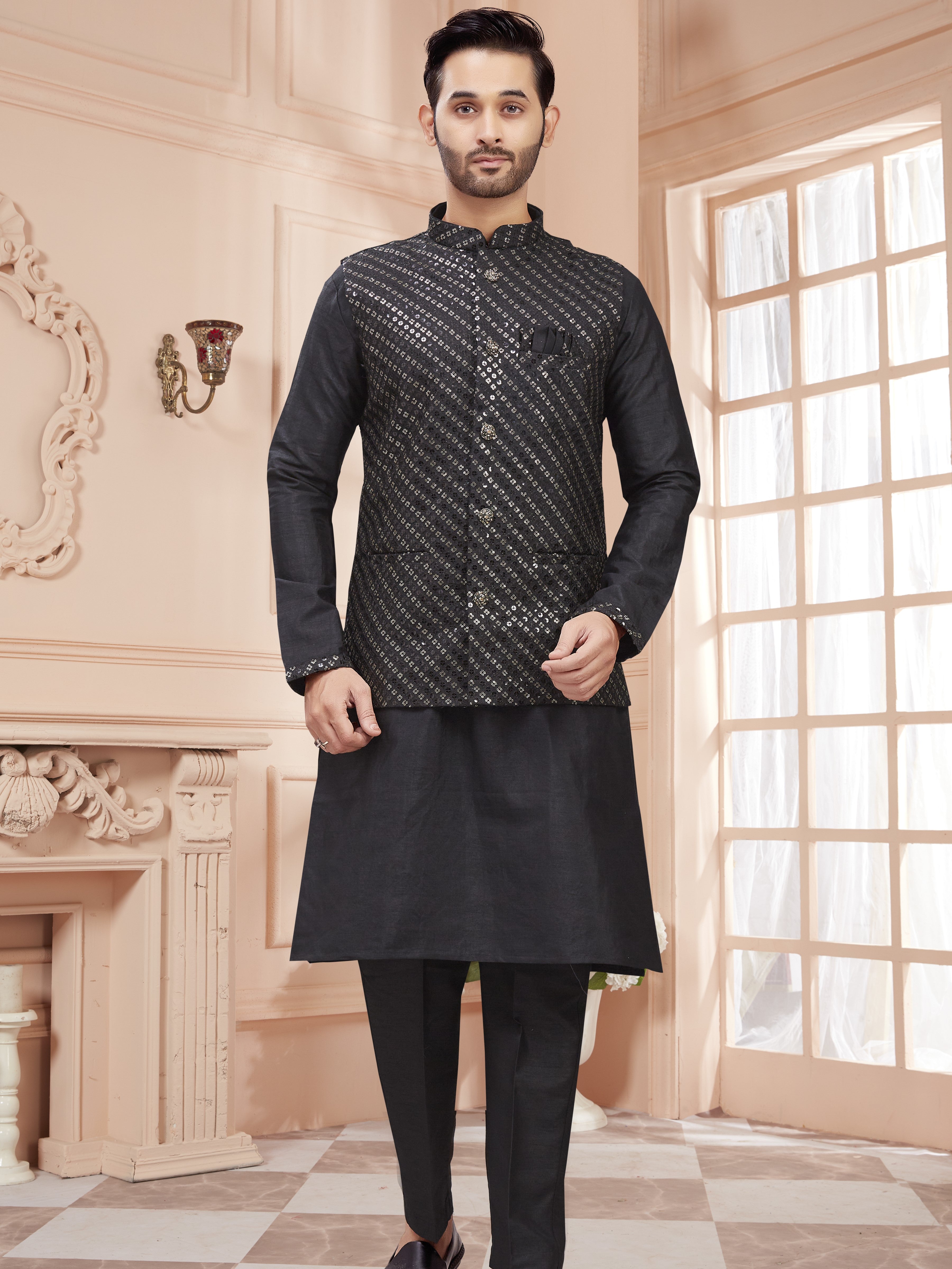 Mens Kurta Set With Tiki Embroidered Jacket